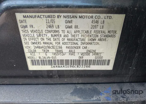 2006 Nissan Maxima 3.5 Se из США, поврежденный, VIN 1N4BA41E96C822266